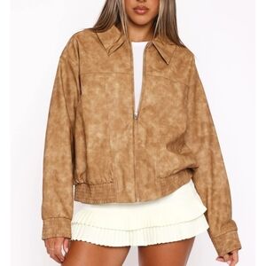 White Fox Boutique Make Things Right PU Bomber Jacket - Tan, size S/M